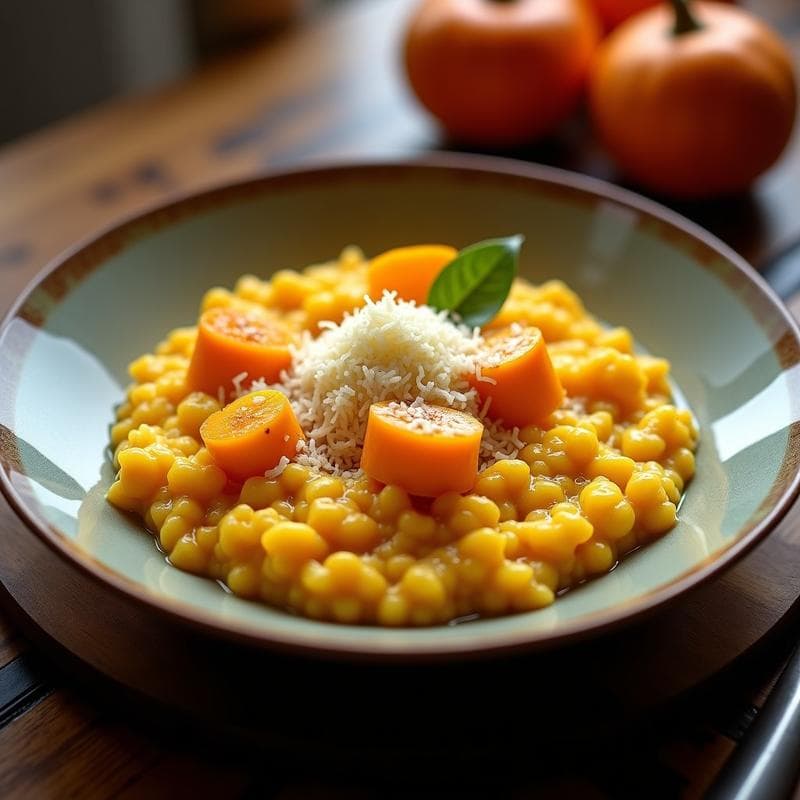Plato hondo de barro con risotto de azafrán y calabaza kabocha en olla exprés, cremoso y dorado, decorado con hebras de azafrán y queso parmesano rallado, sobre fondo rústico de madera.
