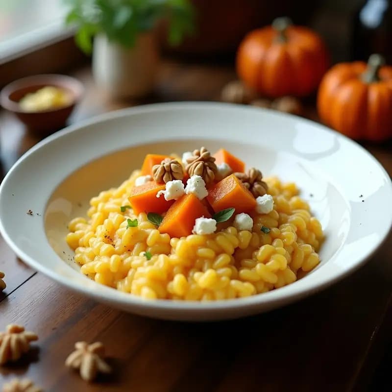 Plato hondo de cerámica blanca con risotto de azafrán dorado, trozos de calabaza asada caramelizada, queso de castañas desmenuzado y nueces tostadas. Decorado con hebras de azafrán y un hilo de aceite de oliva virgen extra sobre fondo rústico de madera.