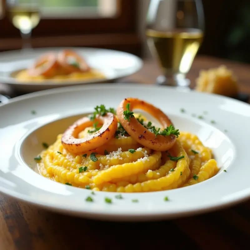 Plato blanco hondo con risotto cremoso de color dorado por el azafrán, coronado con calamares tiernos en anillos y perejil fresco picado, receta Thermomix.