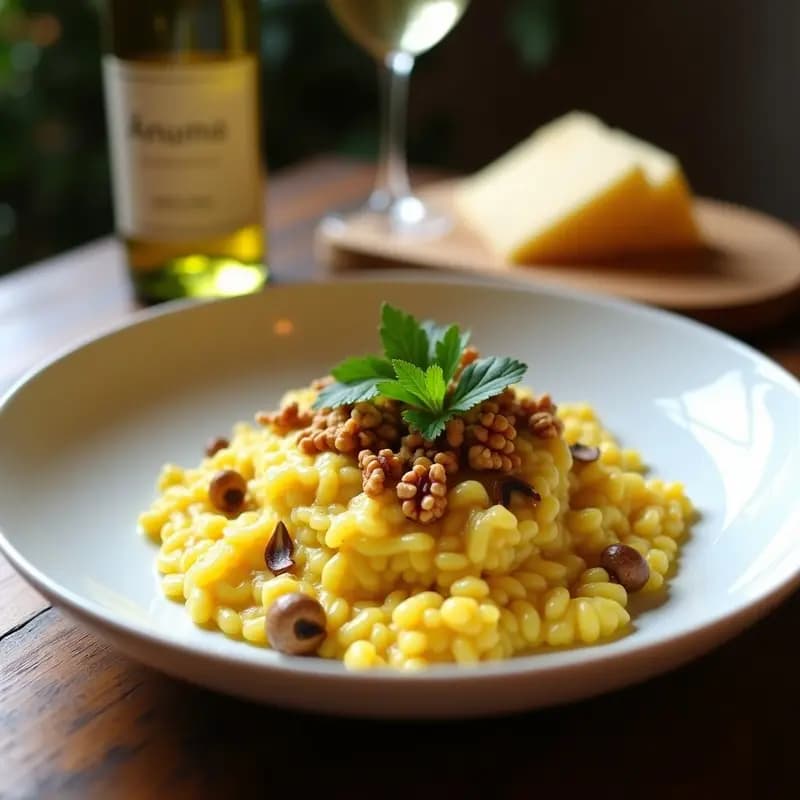 Plato blanco elegante con risotto de azafrán y chanterelles, de color dorado intenso y textura cremosa, decorado con láminas de setas y hebras de azafrán, servido con una cuchara de madera.