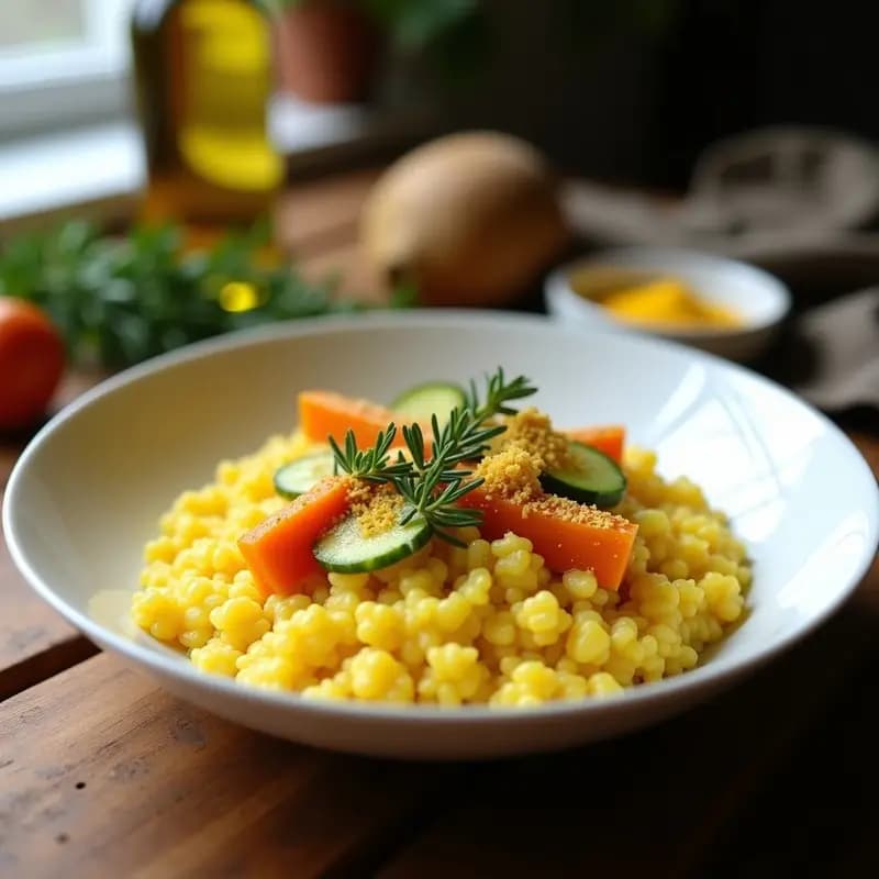 Plato hondo blanco con risotto de azafrán vegano de color dorado intenso, decorado con cubos de calabaza asada y trozos de cogombre fresco, espolvoreado con levadura nutricional y un hilo de aceite de oliva.