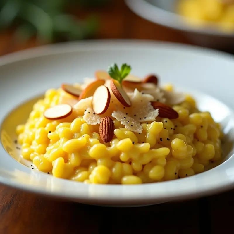 Plato blanco con risotto cremoso de color dorado por el azafrán, diseñado con coliflor y decorado con almendras fileteadas tostadas y virutas de parmesano, receta airfryer.