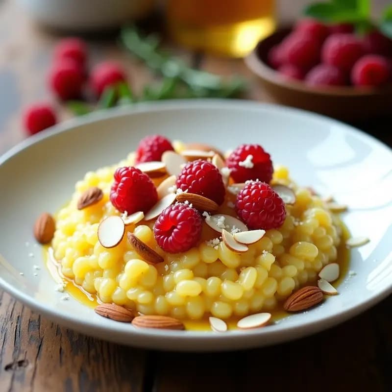 Plato hondo blanco con risotto cremoso de color dorado por el azafrán, salpicado de frambuesas frescas rojas y almendras fileteadas tostadas. Toque final de miel y queso pecorino rallado.