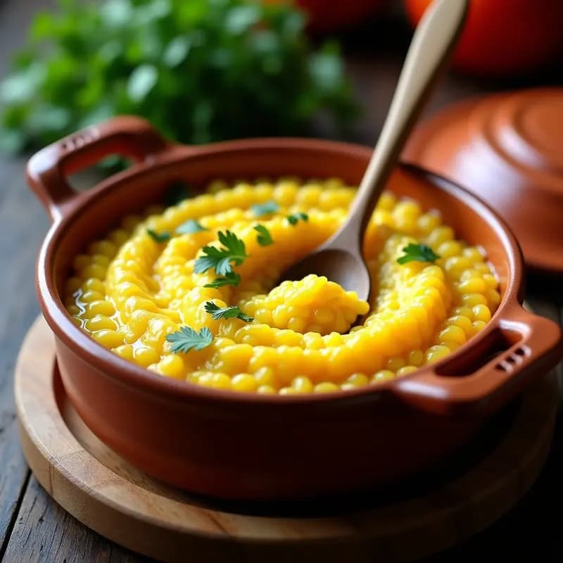Cazuela de barro con risotto de azafrán dorado y cremoso, espolvoreado con perejil fresco picado, servido con una cuchara de madera.