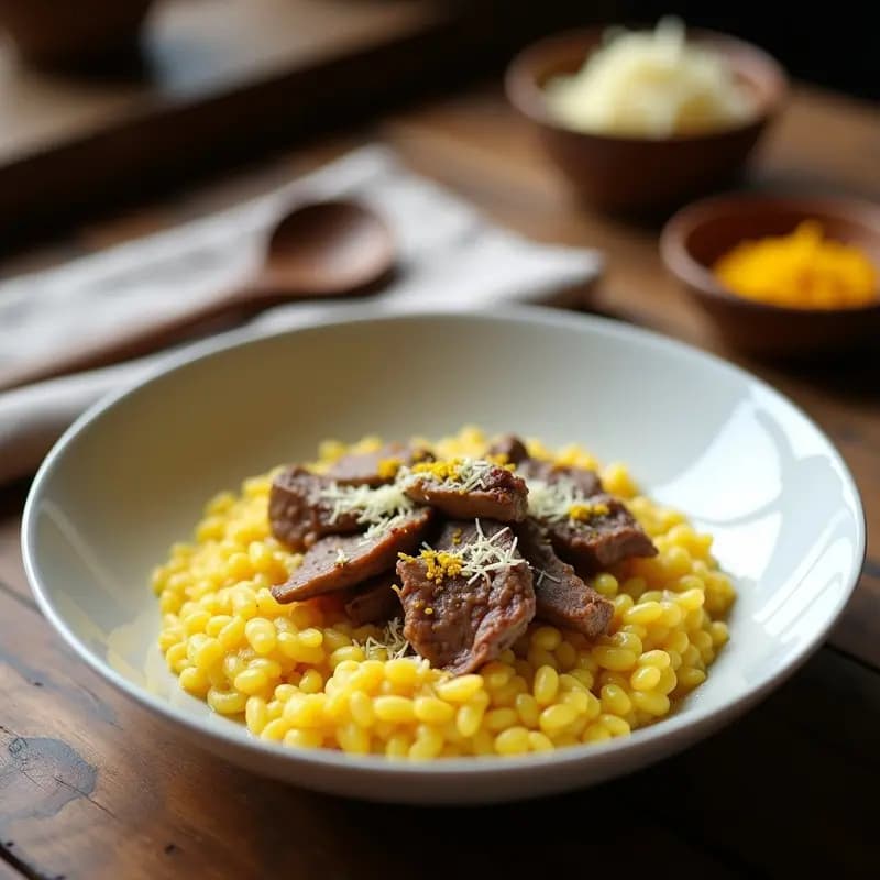 Plato hondo blanco con risotto de azafrán dorado y trozos de ternera desmenuzada, espolvoreado con queso Parmesano rallado y hebras de azafrán. Fondos cremosos y textura sedosa, servido con una cuchara de madera.