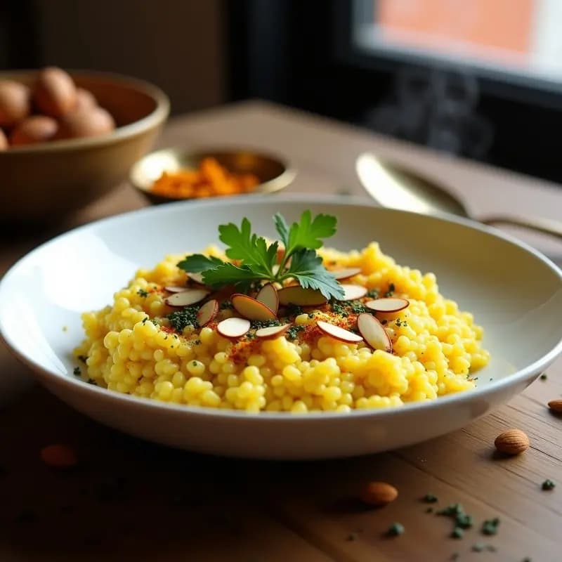 Plato hondo de cerámica blanca con risotto de azafrán y zaatar libanés, de color dorado intenso, decorado con almendras fileteadas tostadas, perejil fresco picado y un espolvoreado de zaatar. Al fondo, rodajas de limón y un paño de lino beige.
