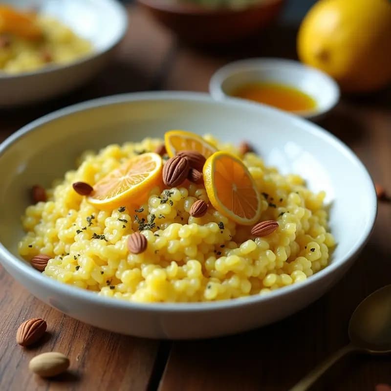 Plato hondo de cerámica blanca con risotto de azafrán y zaatar libanés-irani, de color dorado intenso, decorado con almendras fileteadas tostadas y un toque de zaatar espolvoreado. Fondo con especias y limón confitado.