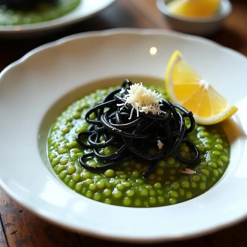 Plato hondo blanco con risotto cremoso de color verde oscuro, decorado con tiras de barba de negra y algas nori tostadas, servido con una rodaja de limón al lado.