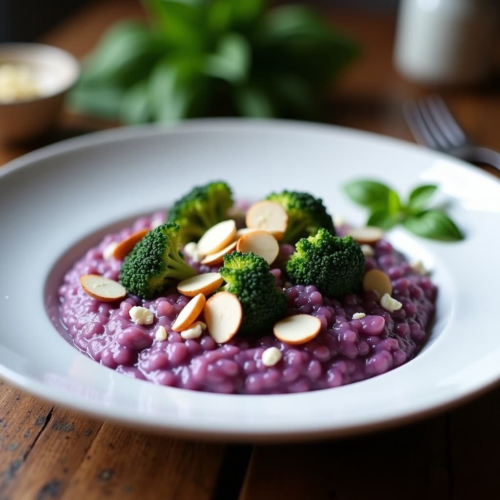 Plato hondo blanco con risotto cremoso de color lila claro, salpicado de floretes de brócoli morado y queso de cabra desmenuzado, decorado con almendras fileteadas tostadas. Receta italiana de risotto de brócoli morado y queso de cabra en Thermomix.