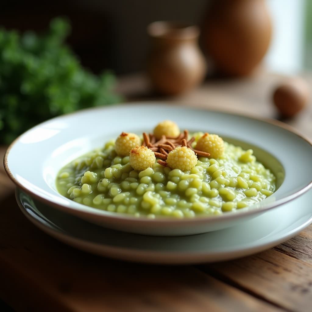 Plato hondo blanco con risotto cremoso de color verde claro y trozos de brócoli romanesco, coronado con virutas de queso de castañas y semillas de calabaza. Receta keto en Thermomix sin lácteos.