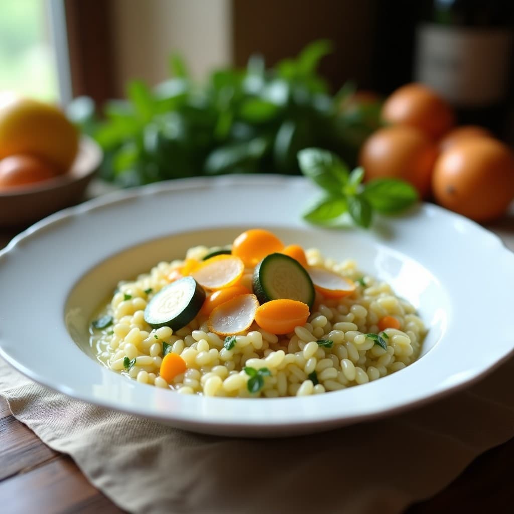 Plato hondo blanco con risotto cremoso de calabacín y flores de calabaza, decorado con pétalos amarillos frescos, piñones dorados y virutas de Parmesano, sobre un mantel de lino rústico con un toque italiano.