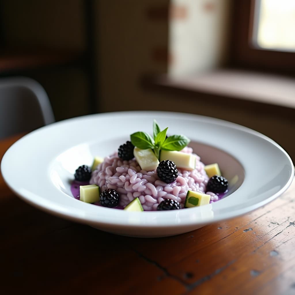 Plato hondo blanco con risotto cremoso de color lila claro, trozos de calabacín verde, zarzamoras moradas y láminas de queso de cabra derretido, decorado con hojas de albahaca fresca, receta italiana olla express.