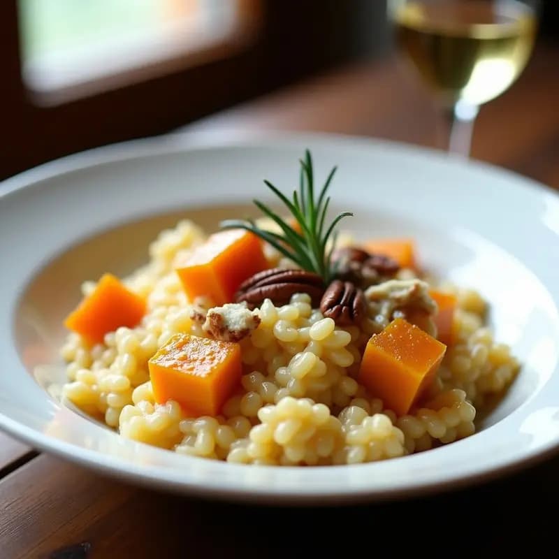 Plato hondo blanco con risotto cremoso de calabaza asada y queso azul, decorado con nueces pecanas y hojas de romero fresco.