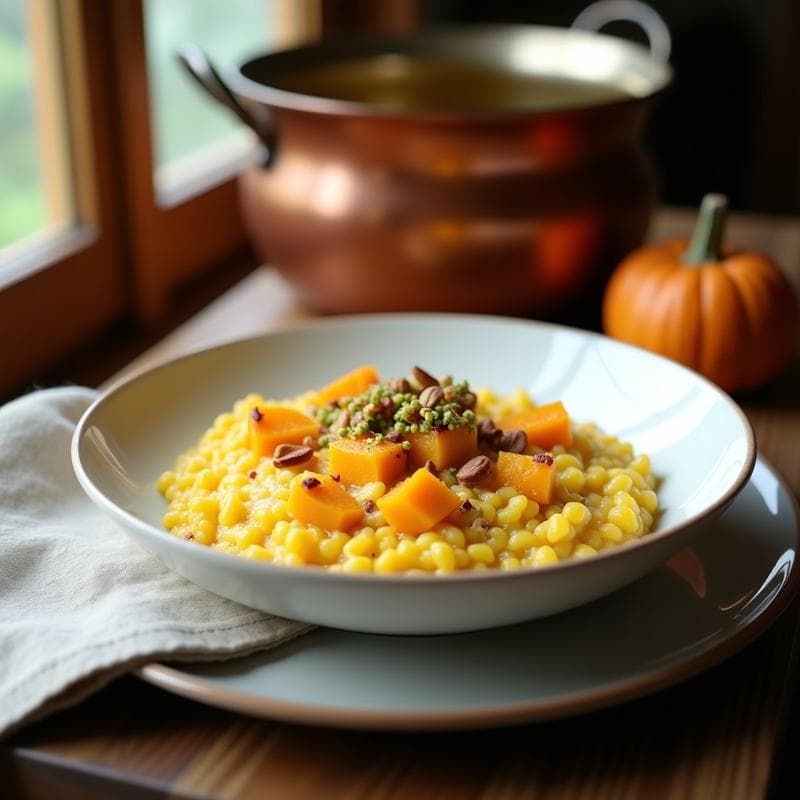 Plato hondo blanco con risotto cremoso de calabaza butternut y azafrán, coronado con crujiente de pistacho y trocitos de calabaza dorados. Fondos de cazuela de cobre y servilleta de lino a un lado.