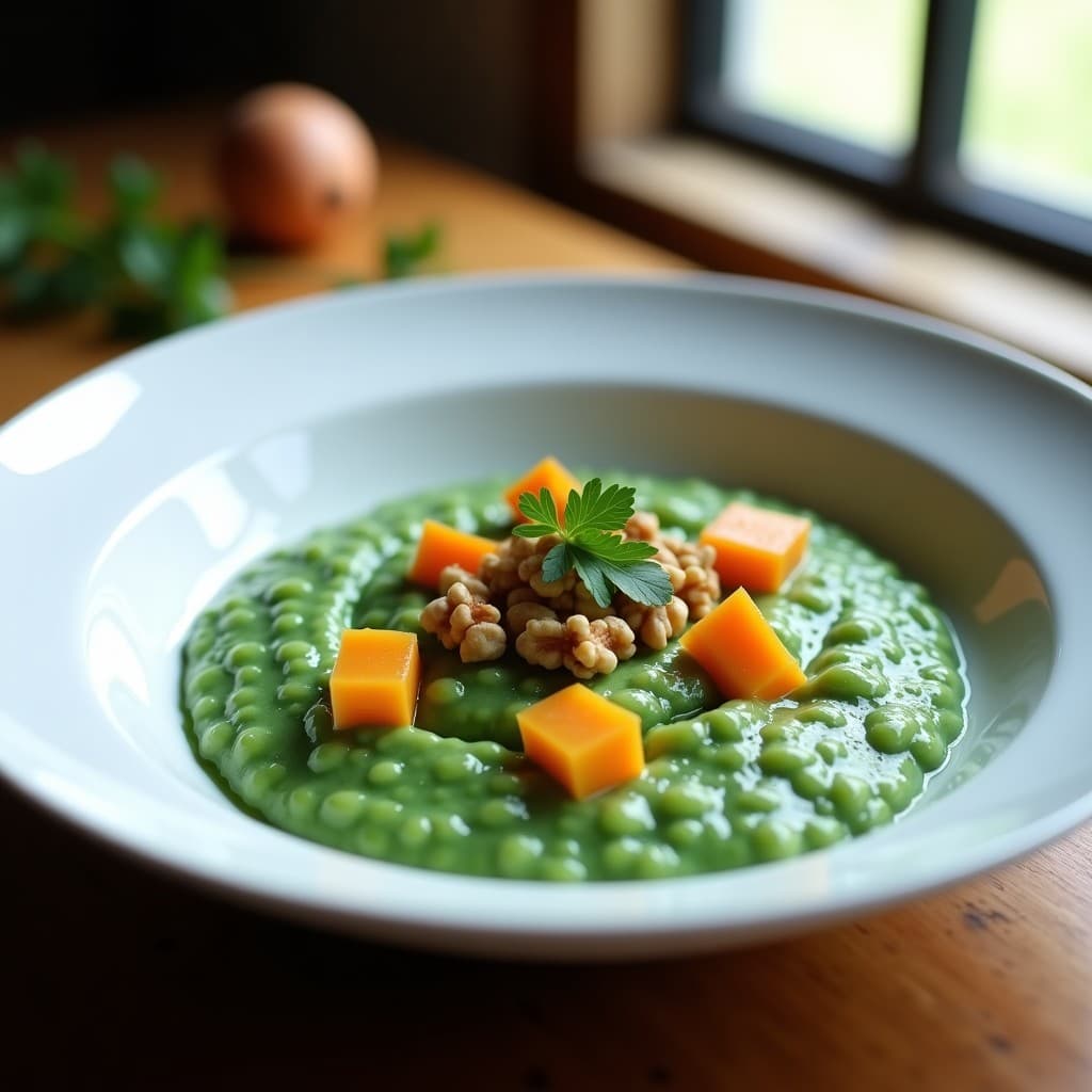 Plato hondo blanco con risotto de color verdiazul, decorado con nueces picadas y perejil fresco, receta keto en Thermomix con calabaza butternut y espirulina.