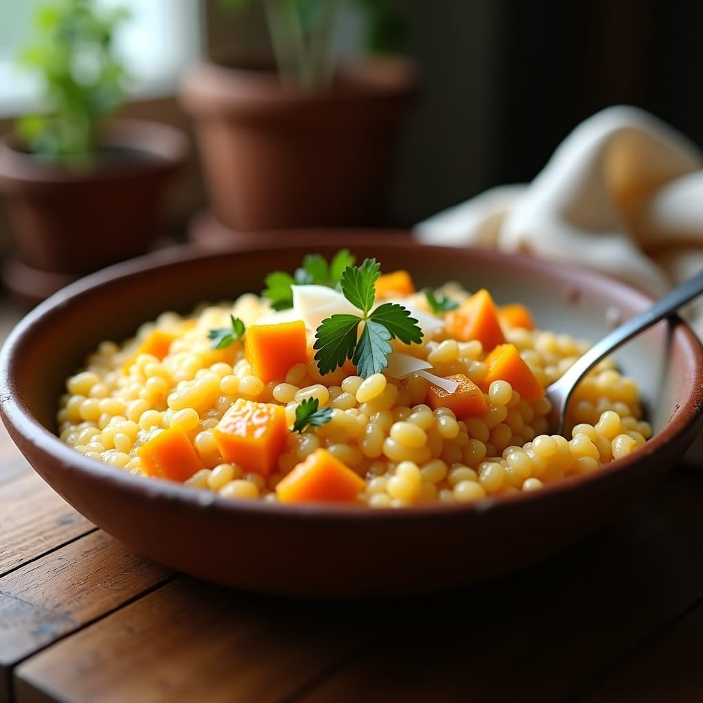 Cazuela de barro con risotto de calabaza butternut y parmesano, cremoso y dorado, decorado con perejil fresco y virutas de parmesano.