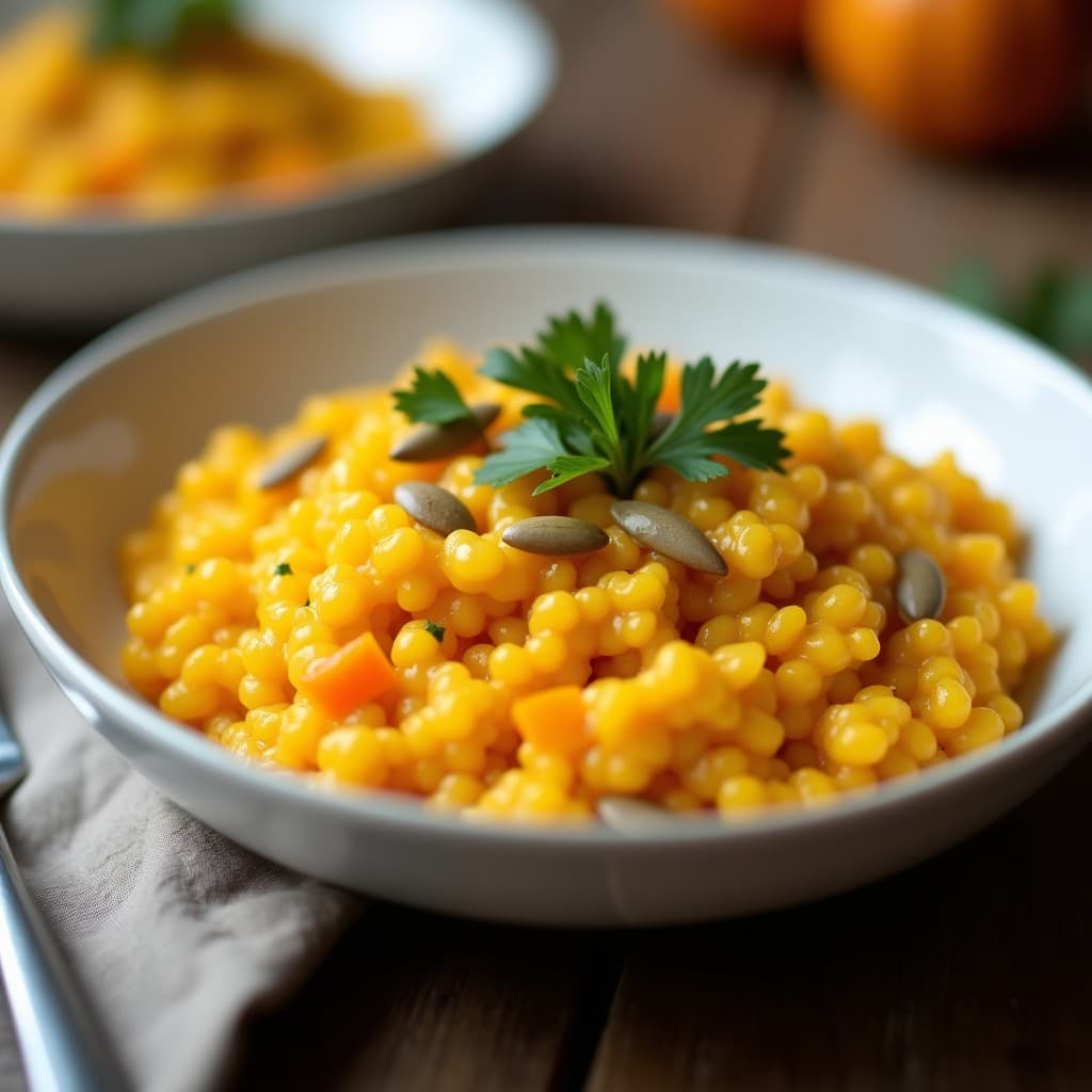 Plato hondo blanco con risotto de calabaza y cúrcuma en airfryer, cremoso y dorado, decorado con perejil fresco y semillas de calabaza.