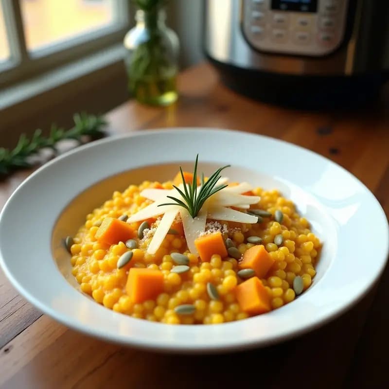Plato hondo blanco con risotto de calabaza y cúrcuma cremoso, decorado con virutas de parmesano y semillas de calabaza, servido en Instant Pot.