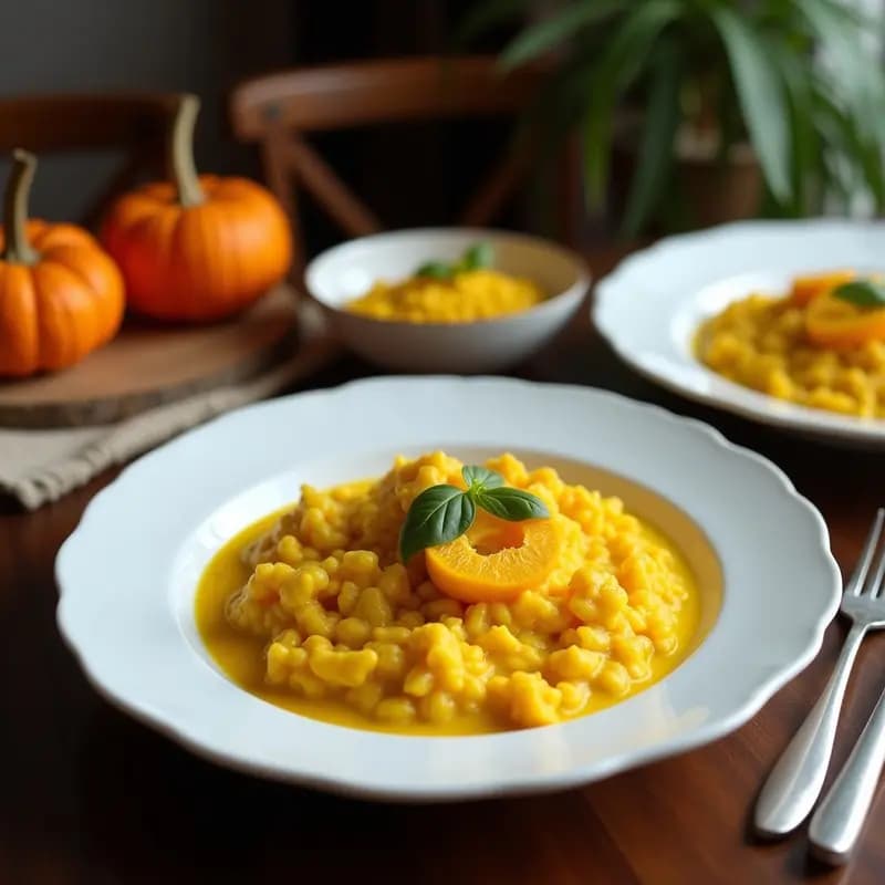 Cazuela de barro con risotto de calabaza y cúrcuma con leche de coco, de color dorado intenso, decorado con almendras fileteadas tostadas y perejil fresco. Plato vegano antiinflamatorio servido en un mantel rústico de lino.