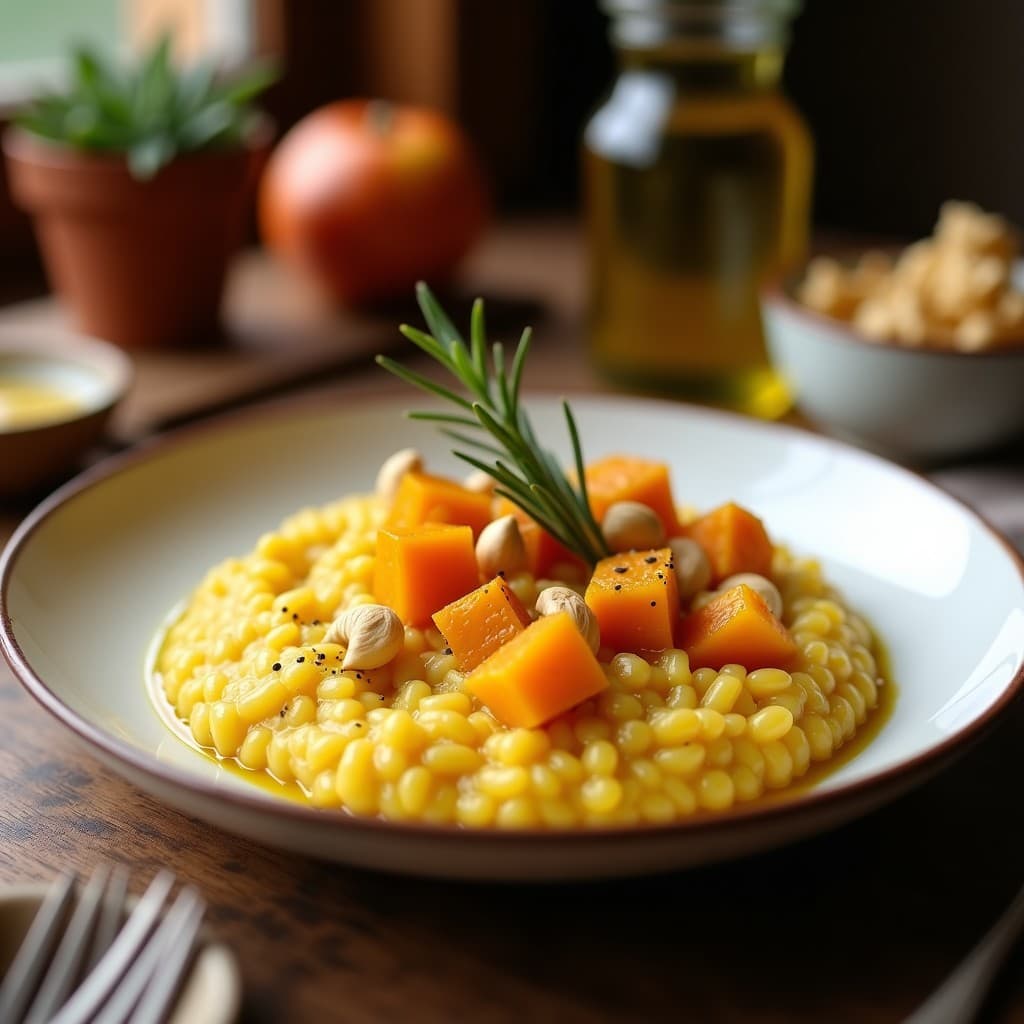 Plato hondo blanco con risotto de calabaza y cúrcuma vegano, de color amarillo dorado con trozos de calabaza butternut naranja, decorado con almendras fileteadas tostadas y hojas de romero fresco. Textura cremosa y brillante, servido sobre una mesa rústica de madera con un paño de lino beige.