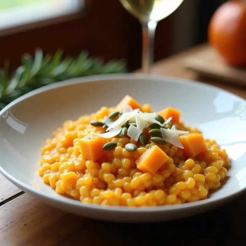 Plato blanco con risotto de calabaza y vino moscatel, de color crema anaranjado, decorado con virutas de parmesano y semillas de calabaza tostadas.