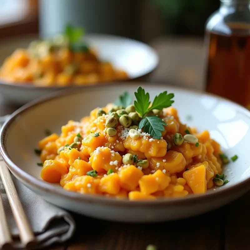 Plato hondo blanco con risotto cremoso de color naranja claro, hecho con calabaza butternut y arroz de coliflor, espolvoreado con queso de almendras rallado y crujiente de pistachos verdes. Decorado con hojas de perejil fresco y servido con una cuchara de madera. Receta keto en olla express.
