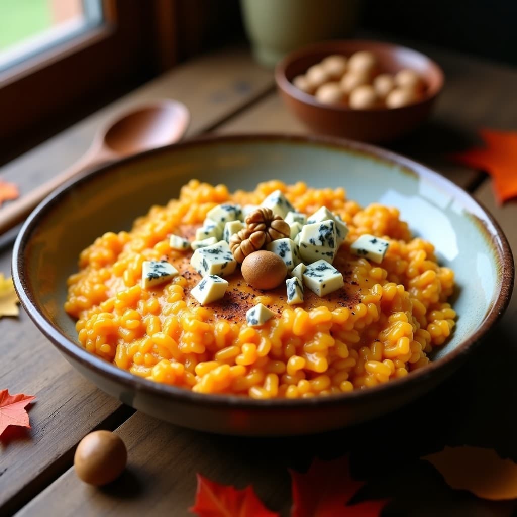 Plato hondo de cerámica oscura con risotto de calabaza moschata cremoso, trozos de queso azul desmenuzado y nueces tostadas trituradas por encima. Fondo con hojas de otoño y una cuchara de madera.