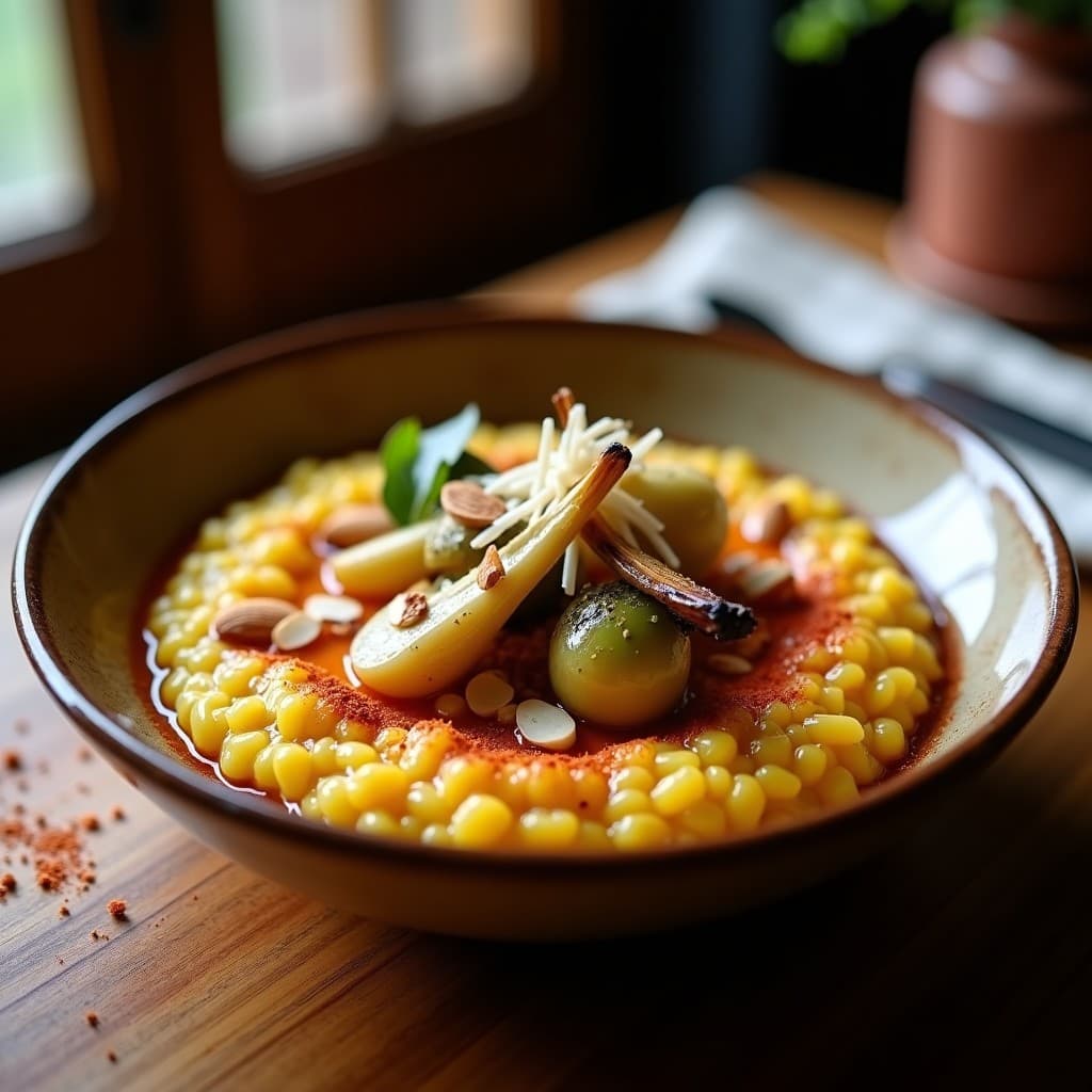 Plato hondo de barro con risotto cremoso de color dorado, trozos de calcots asados y almendras tostadas picadas, decorado con virutas de queso parmesano y un toque de pimentón ahumado.