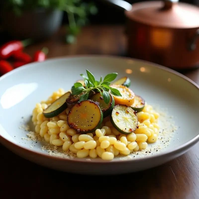 Plato hondo blanco con risotto cremoso de color dorado, trozos de calçots asados y virutas de queso parmesano, decorado con hojas verdes de calçot. Receta catalana de risotto de calçots y ñora en olla rápida.