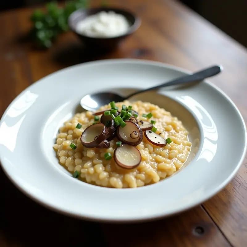 Plato blanco de porcelana con risotto cremoso de cebolla negra y trufa, decorado con láminas de cebolla negra y cebollino fresco, servido con una cuchara de madera.