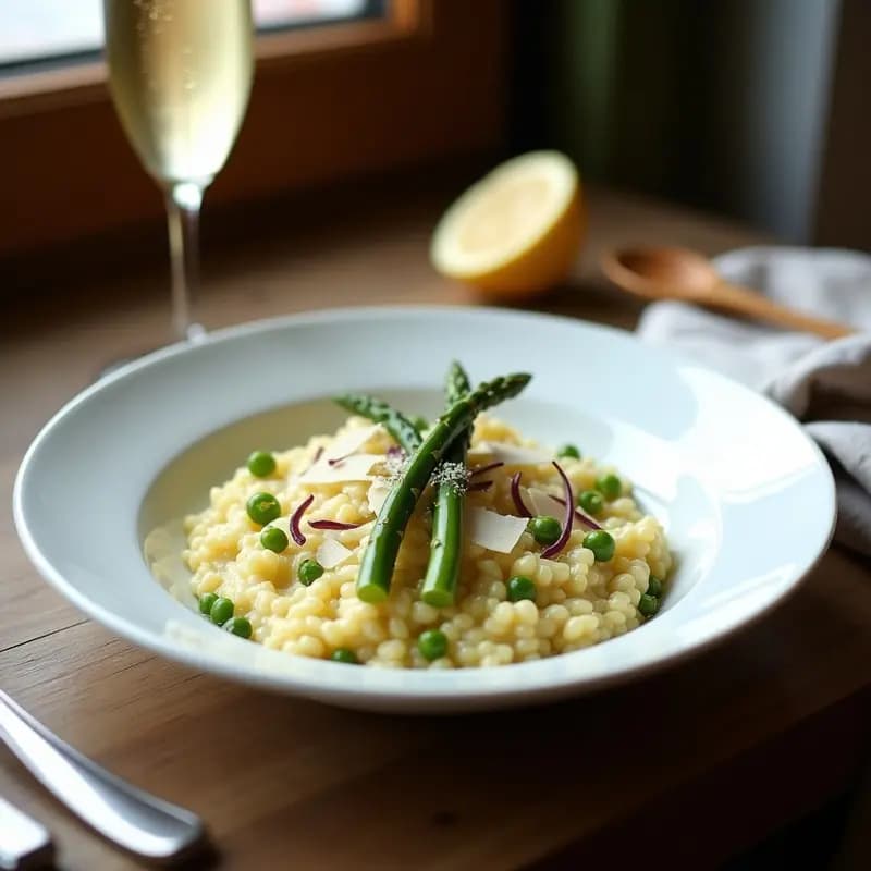 Plato hondo de porcelana blanca con risotto de champagne y espárragos trigueros, cremoso y brillante, decorado con puntas de espárragos salteadas y un hilo de aceite de trufa blanca. Fondo borroso con una copa de champagne y utensilios de plata.