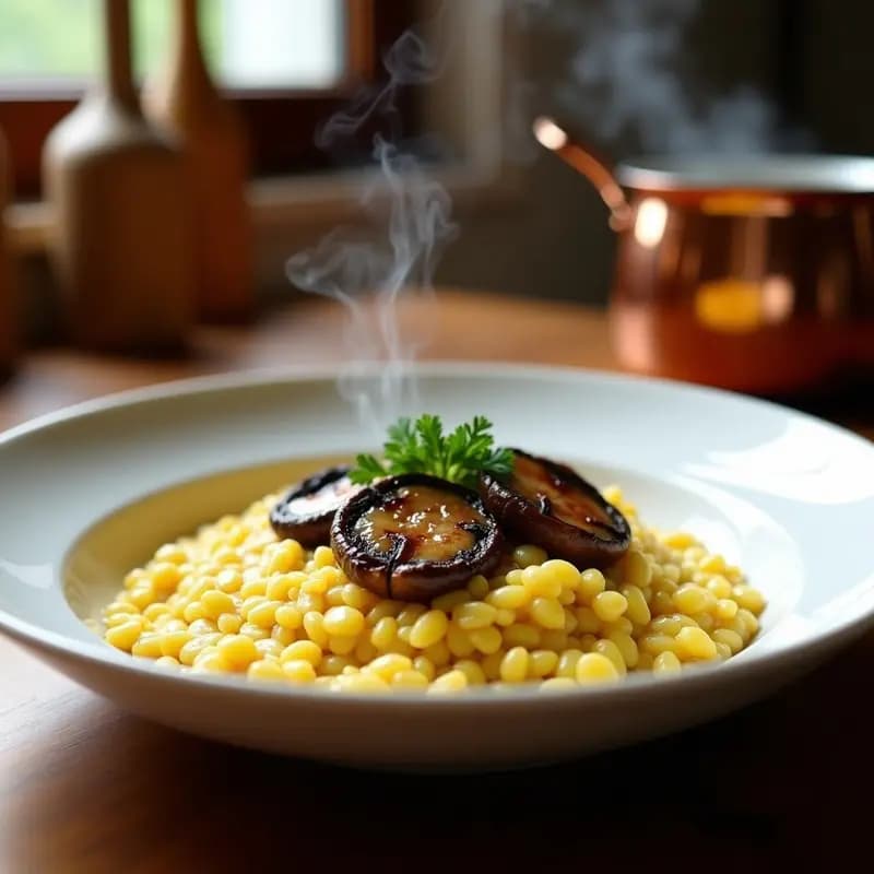 Plato hondo de cerámica blanca con risotto de champiñones y azafrán sin lactosa, decorado con láminas de champiñones portobello dorados y perejil fresco. El risotto tiene un color dorado intenso por el azafrán y una textura cremosa. Fondos borrosos de cocina francesa rústica.