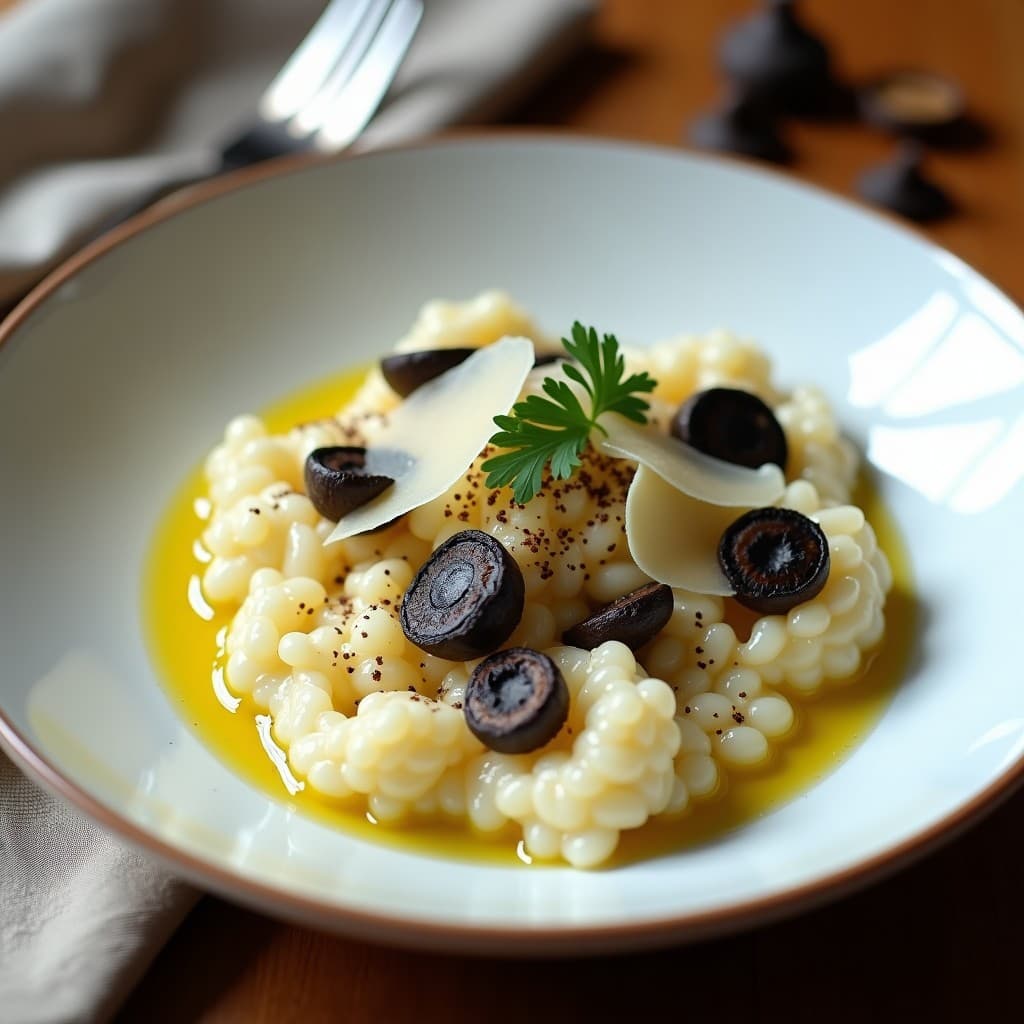Plato hondo de porcelana blanca con risotto cremoso de color beige oscuro, salpicado de champiñones negros rehidratados y virutas de parmesano. Brillo del aceite de trufa negra y perejil fresco picado como decoración. Fondo borroso con servilleta de lino y tenedor de plata.