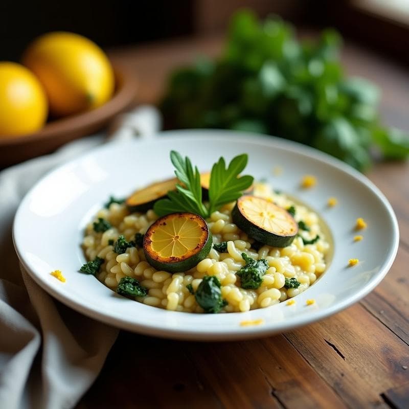 Plato hondo blanco con risotto cremoso de color verde claro, mezclado con trozos de col rizada y calabacín, decorado con ralladura de limón y hojas de perejil fresco. Receta vegana y sin lácteos de risotto de col rizada y calabacín con toque de limón.