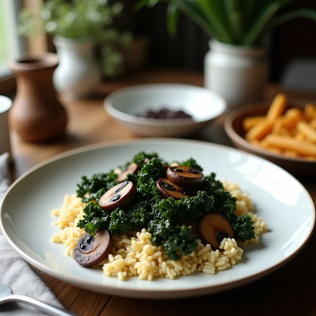 Plato hondo de cerámica blanca con risotto cremoso de col rizada y champiñones portobello vegano, decorado con hojas de romero fresco y un hilo de aceite de oliva virgen extra. El risotto tiene un color verde intenso por la col rizada y trozos dorados de champiñones, servido sobre una mesa rústica de madera.