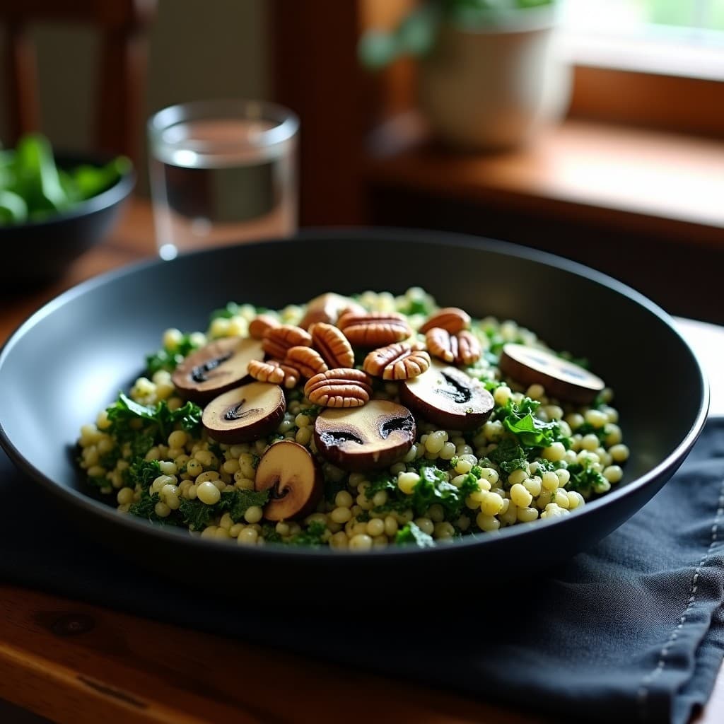 Plato hondo de cerámica negra con risotto cremoso de col rizada, champiñones portobello y vetas de queso azul, decorado con nueces pecanas tostadas. Receta keto en olla lenta.