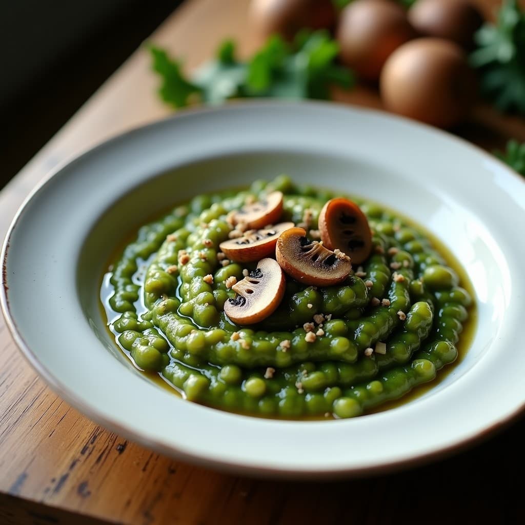 Plato hondo de barro con risotto cremoso de color verde oscuro por la col rizada, salpicado de trozos de hongos porcini dorados y decorado con hojas de col rizada fresca. Fondo rústico de madera con tenedor de metal.