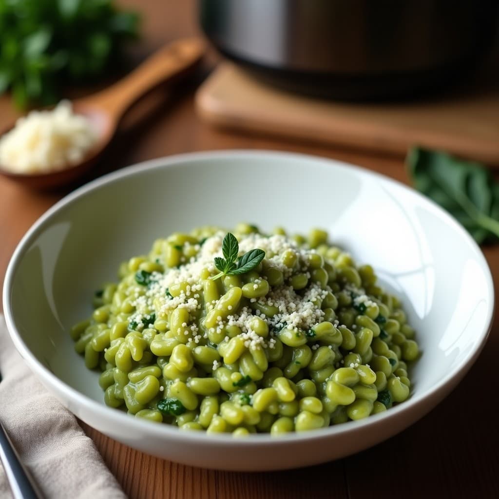 Plato hondo blanco con risotto cremoso de color verde intenso por la col rizada, espolvoreado con queso pecorino rallado y decorado con un hilo de mostaza de Dijon. Textura cremosa y brillo natural.