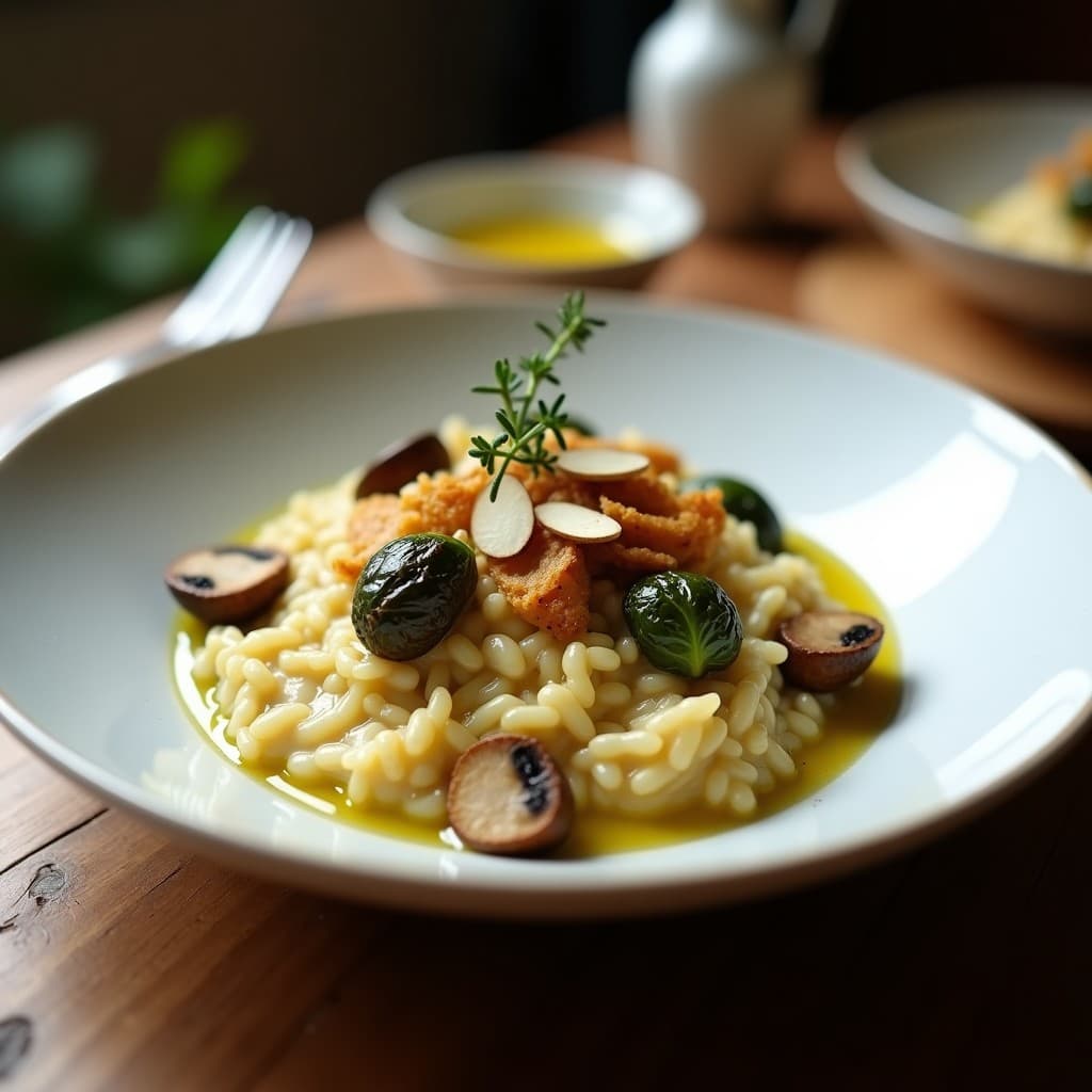 Plato hondo de cerámica blanca con risotto cremoso de color beige, salpicado de láminas doradas de champiñones portobello, cuartos de coles de Bruselas y almendras fileteadas crujientes. Decorado con hojas de tomillo fresco y un hilo de aceite de oliva.