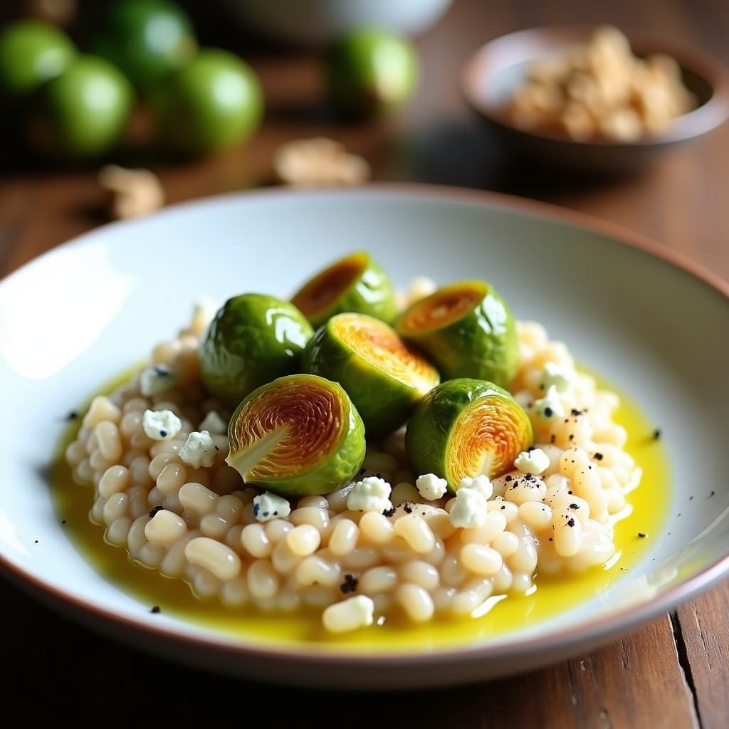 Plato hondo de cerámica blanca con risotto cremoso de coliflor y coles de Bruselas, coronado con trozos de queso azul vegano y almendras fileteadas tostadas. Fondo rústico con servilleta de lino y tenedor de madera.