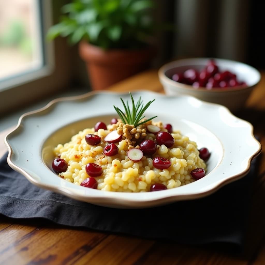 Plato hondo de cerámica blanca con risotto cremoso de coliflor rallada, arándanos rojos secos y trozos de queso de cabra blando. Acabado con nueces picadas y una rama de romero fresco. Receta italiana keto sin horno, servida con un toque de vinagre balsámico.
