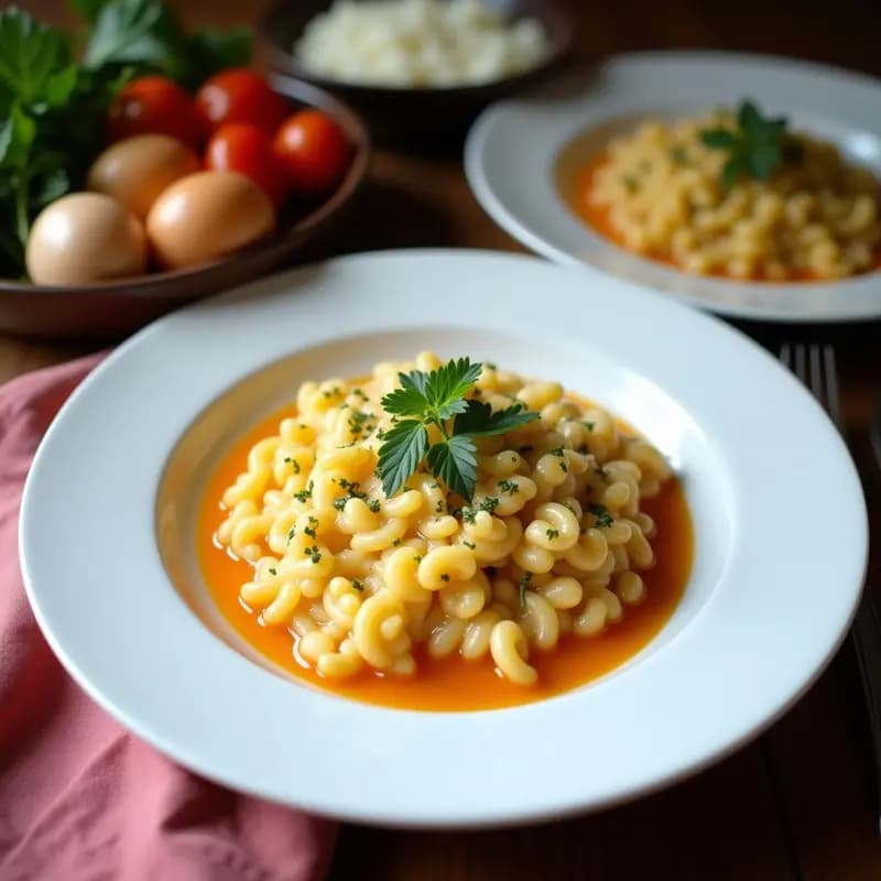 Risotto cremoso de coliflor con hebras doradas de azafrán, queso pecorino rallado y nueces de macadamia picadas, servido en un plato hondo blanco con decoración de perejil fresco.