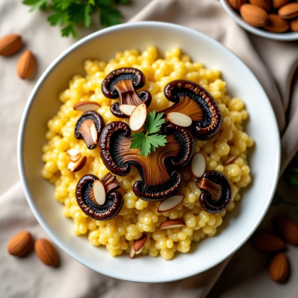 Plato hondo de cerámica blanca con Risotto de Coliflor con Azafrán y Champiñones Portobello vegano, decorado con almendras tostadas y perejil fresco, sobre un mantel rústico de lino beige.