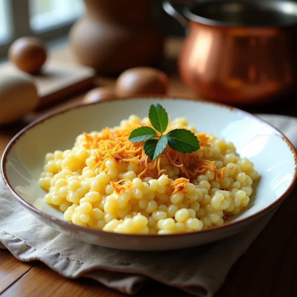 Plato hondo blanco con risotto cremoso de coliflor de color dorado por el azafrán, decorado con queso de castaña rallado, trocitos de castaña tostada y perejil fresco. Fondos de cazuela de cobre y servilleta de lino al lado.