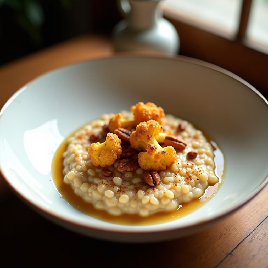 Plato hondo de cerámica blanca con risotto cremoso de color beige, trozos de coliflor caramelizada en tonos dorados, nueces pecanas tostadas y un hilo de sirope brillante. Toque dulce-salado y textura sedosa, receta vegana en olla express.