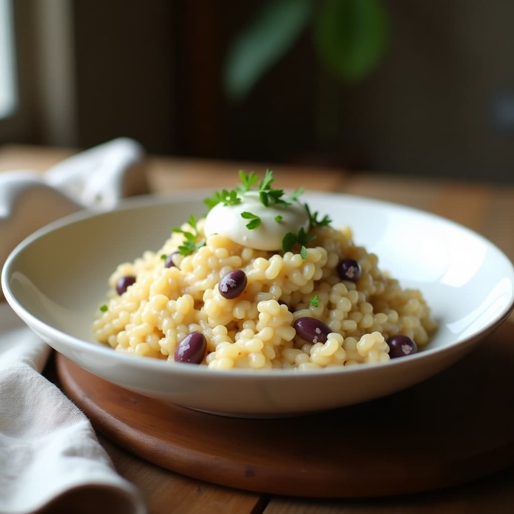 Plato hondo de cerámica blanca con risotto cremoso de coliflor y azukis, coronado con queso vegano de anacardos y perejil fresco. Textura sedosa y color beige con toques morados de azukis. Fondo rústico con servilleta de lino.