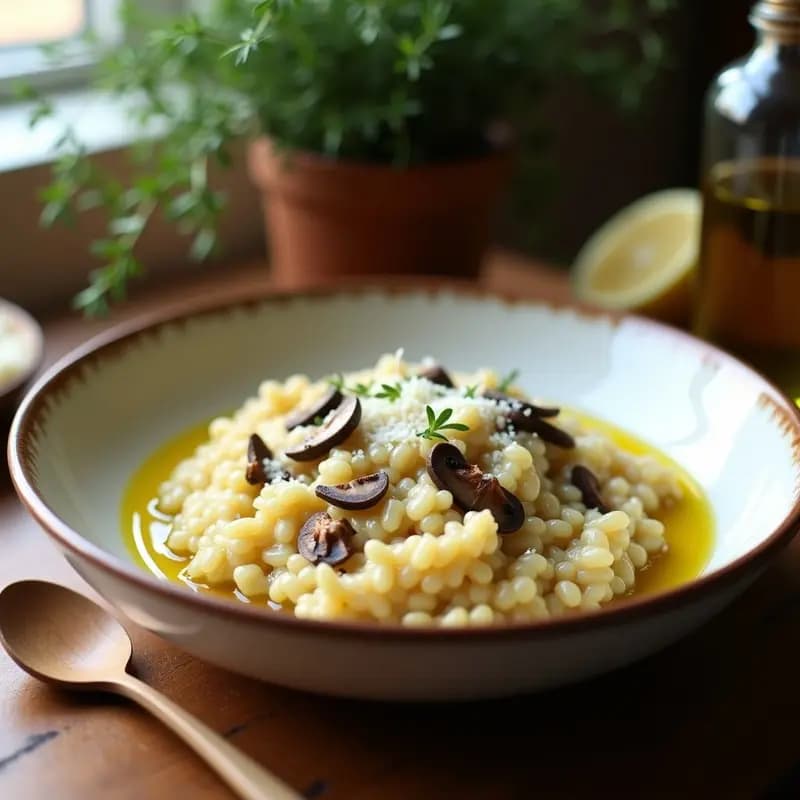 Plato hondo de cerámica blanca con risotto de coliflor y hongos porcini, cremoso y dorado, decorado con nueces picadas y perejil fresco. Receta italiana baja en calorías en olla lenta.
