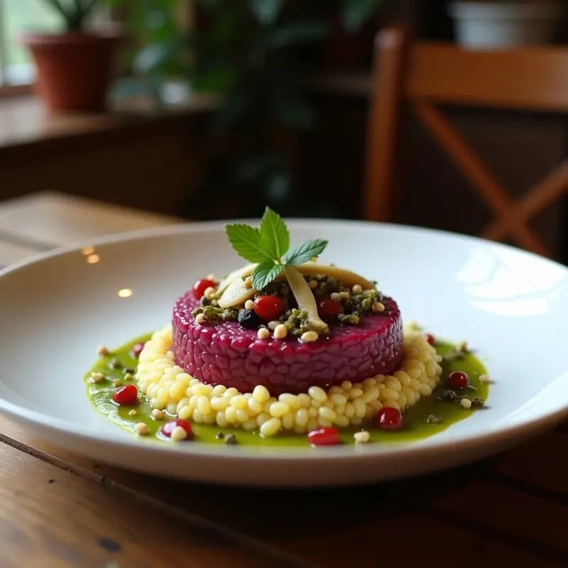 Plato hondo blanco con risotto cremoso de coliflor morada, trozos de alcachofas y salsa verde de pistachos espolvoreada con pistachos picados y perejil fresco, receta keto italiana.