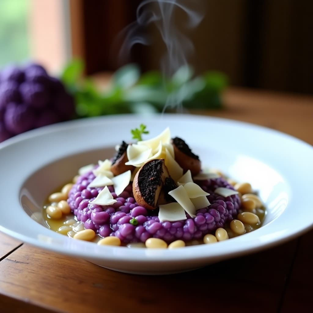 Plato hondo de cerámica blanca con risotto cremoso de coliflor morada y boletus, decorado con láminas de trufa negra, virutas de parmesano y nueces de Brasil, servido con hojas de coliflor morada escaldadas.