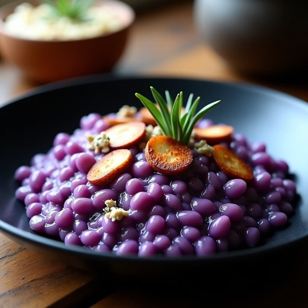 Plato hondo de cerámica blanca con risotto de coliflor morada y queso azul keto, cremoso y vibrante, decorado con almendras tostadas y un hilo de aceite de oliva. Receta italiana con umami.